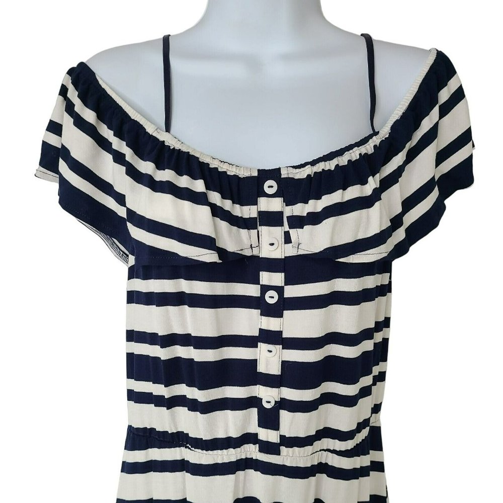 EUC Emerald Sundae Cold/Off Shoulder Womens Sz XL Navy Blue White Striped Dress - Picture 2 of 8